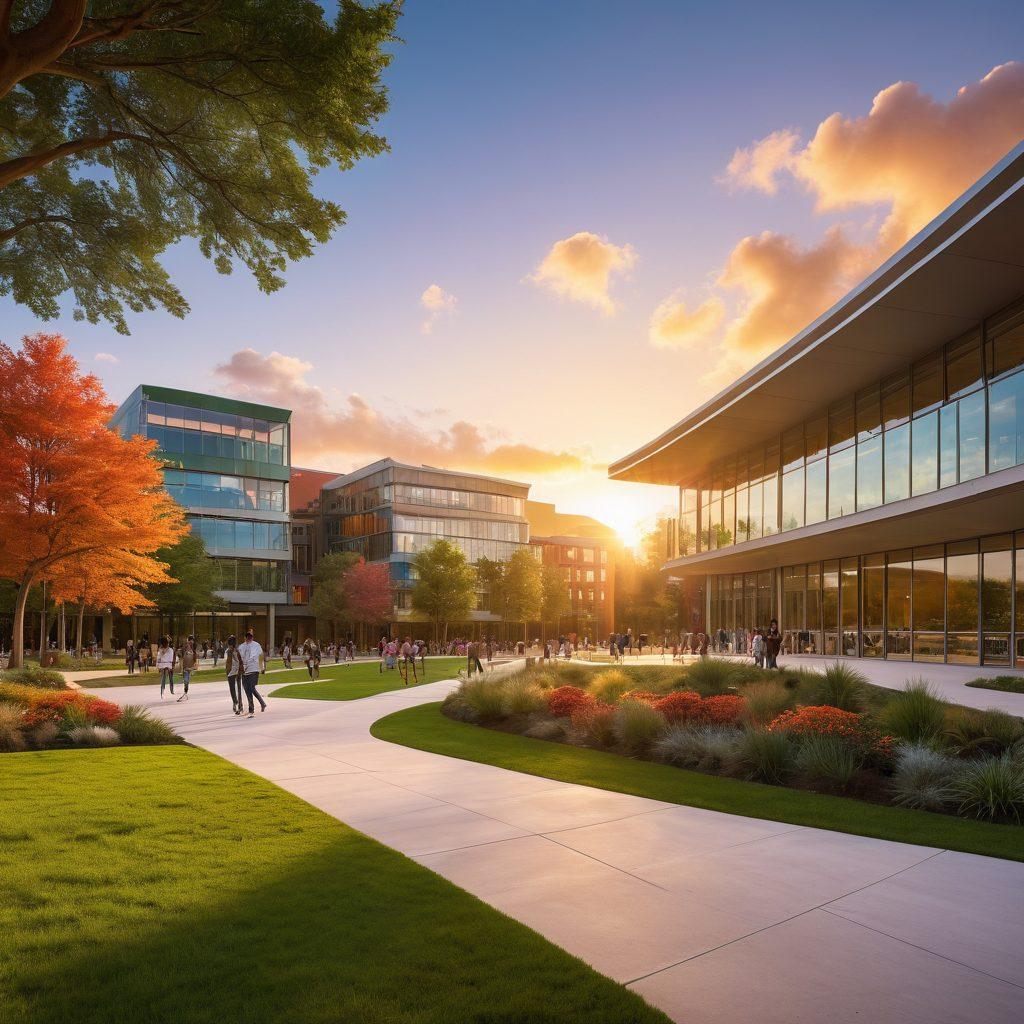 A diverse group of enthusiastic students exploring a vibrant campus filled with modern architecture, lush green spaces, and innovative learning environments. Capture moments of collaboration, dynamic interactions, and diverse cultures in action, showcasing various college experiences such as studying, socializing, and engaging in extracurricular activities. The scene should radiate positivity and transformation while featuring a stunning sunset in the background that symbolizes hope and new beginnings. super-realistic. vibrant colors. 3D.
