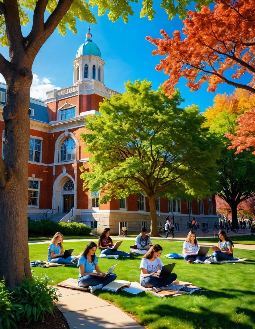A vibrant college campus scene showcasing diverse students joyfully engaging in study groups under blooming trees, with books and laptops around them. A backdrop of the Rochville University iconic building, radiating an aura of academic bliss. Soft sunlight filtering through leaves creating a warm atmosphere. Colorful murals on walls representing creativity and unity. super-realistic. vibrant colors. 3D.