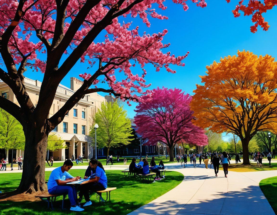 A vibrant and welcoming university campus scene at Rochville, with diverse students joyfully engaging in study groups beneath blooming trees. Include scholarship banners fluttering in the breeze and a supportive professor guiding students. The atmosphere should exude positivity and collaboration, embodying the foundations of academic support. super-realistic. vibrant colors. bright blue sky.